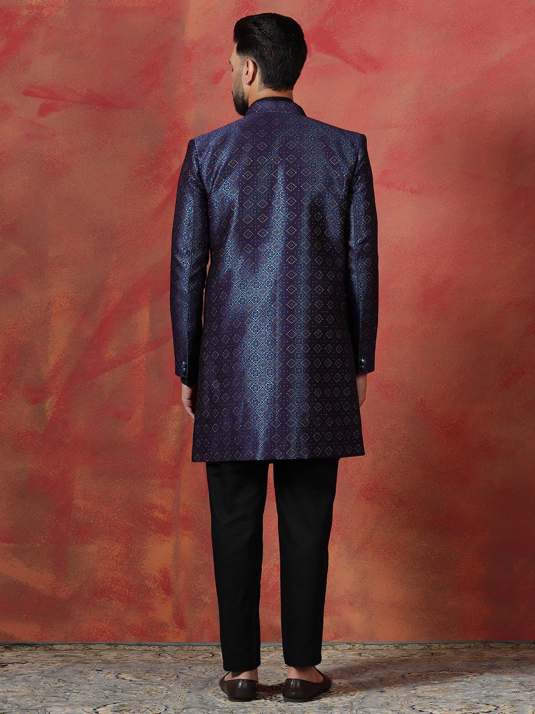 Navy Blue Jacquard Sherwani Set For Men With Embroidered Work | SHOBITAM