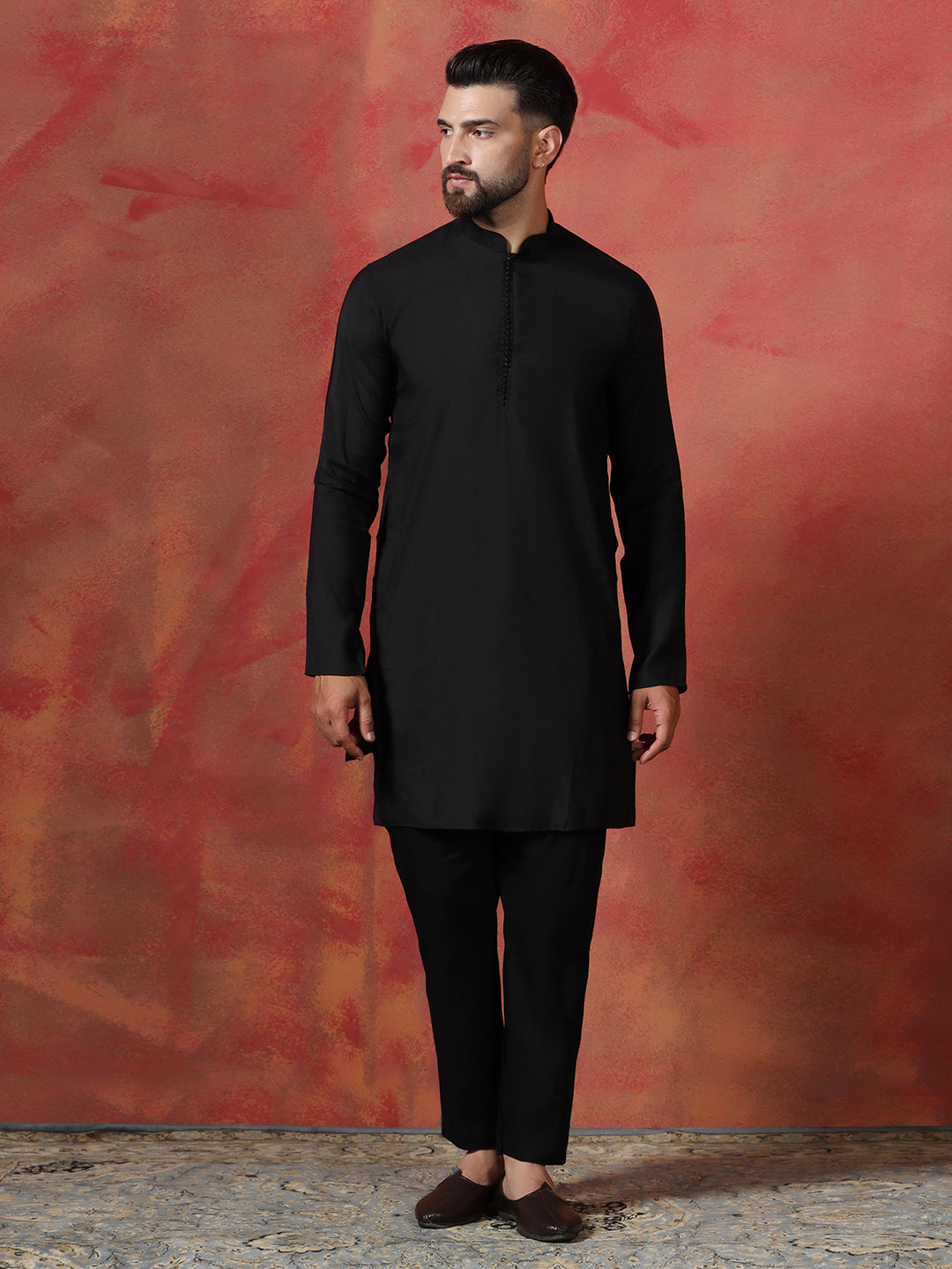 Navy Blue Jacquard Sherwani Set For Men With Embroidered Work | SHOBITAM