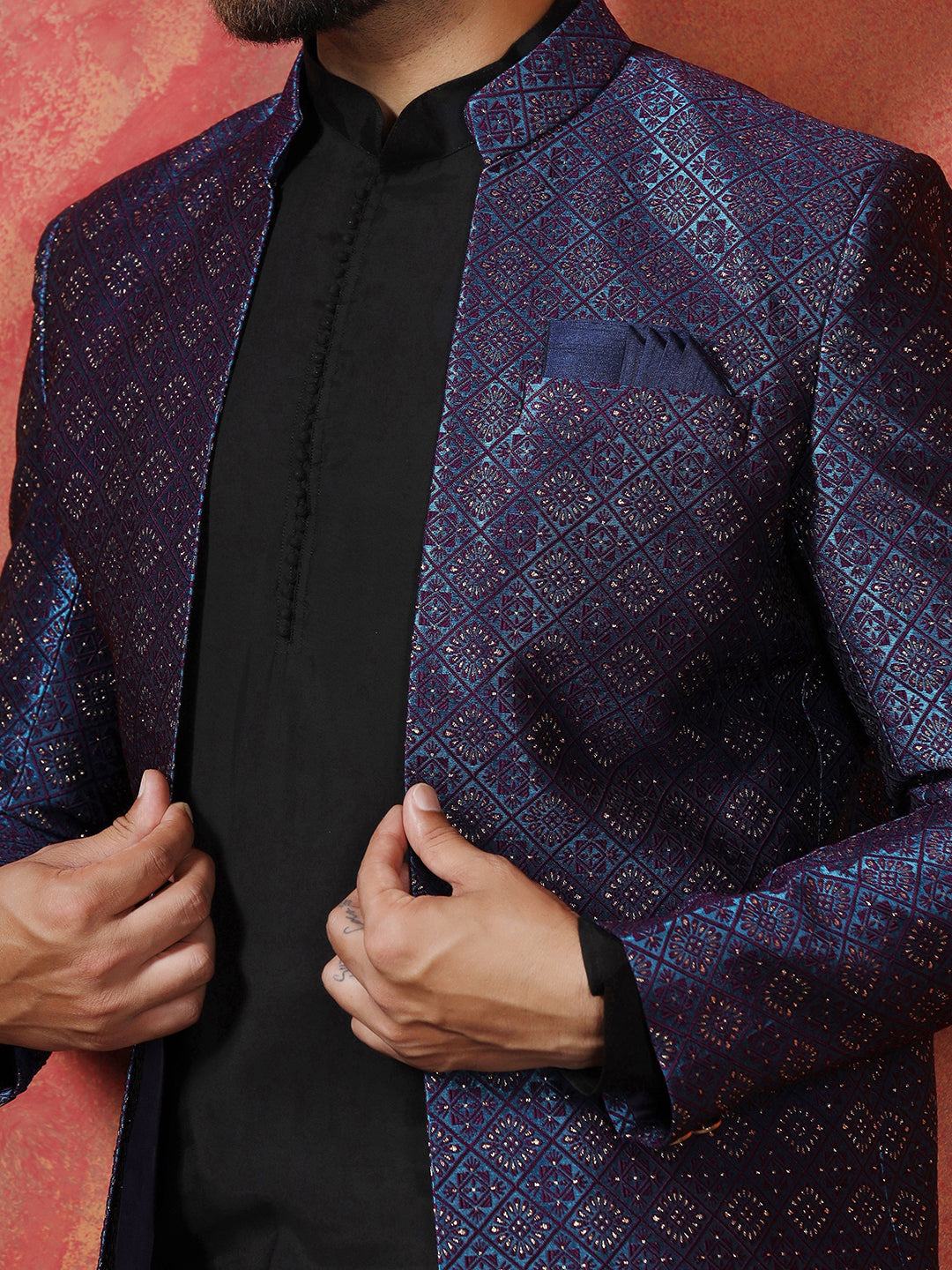 Navy Blue Jacquard Sherwani Set For Men With Embroidered Work | SHOBITAM