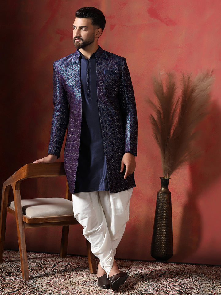 Navy Blue Jacquard Kurta Sherwani Dhoti Set For Men With Embroidered Work | SHOBITAM
