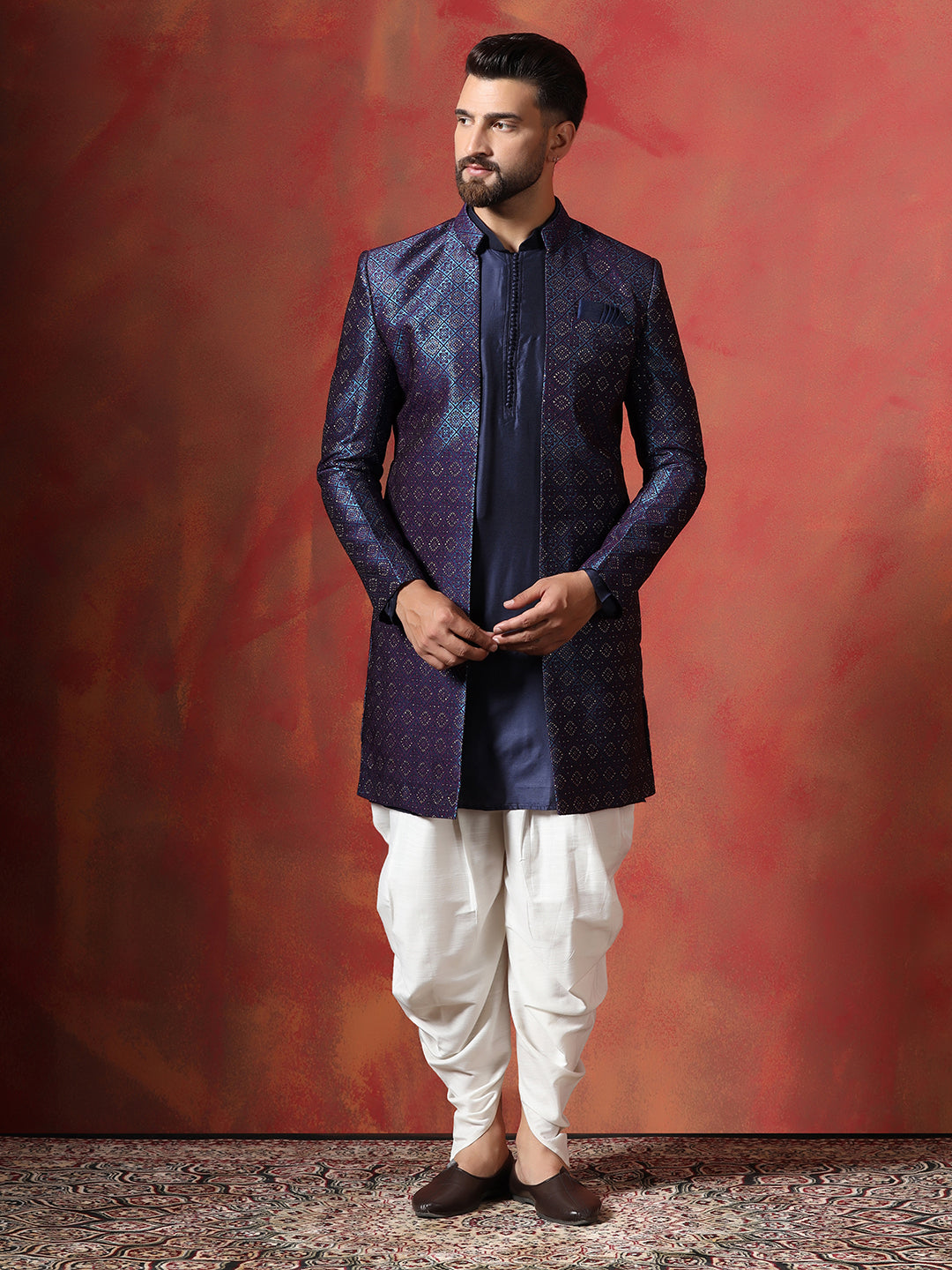 Navy Blue Jacquard Kurta Sherwani Dhoti Set For Men With Embroidered Work | SHOBITAM