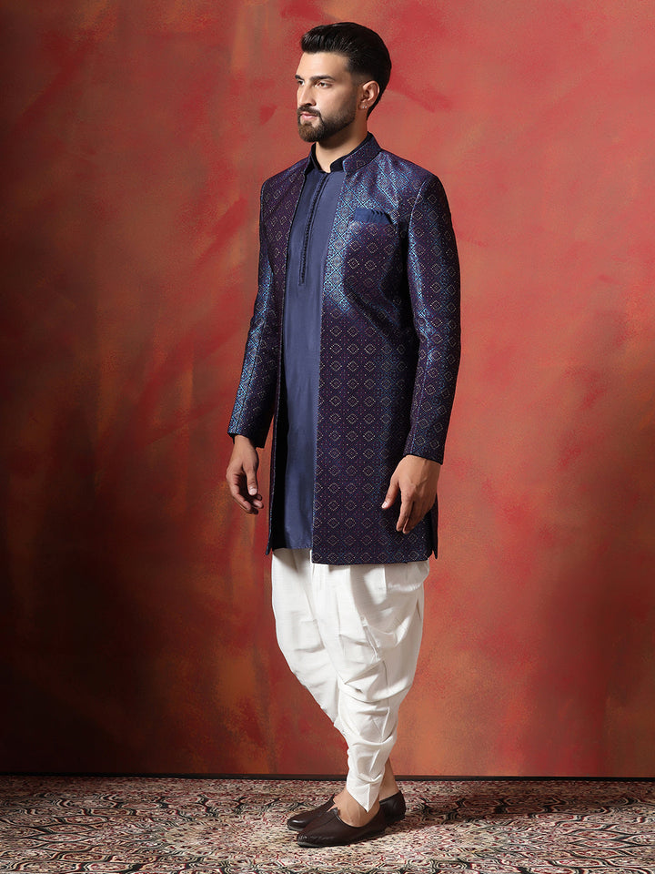 Navy Blue Jacquard Kurta Sherwani Dhoti Set For Men With Embroidered Work | SHOBITAM