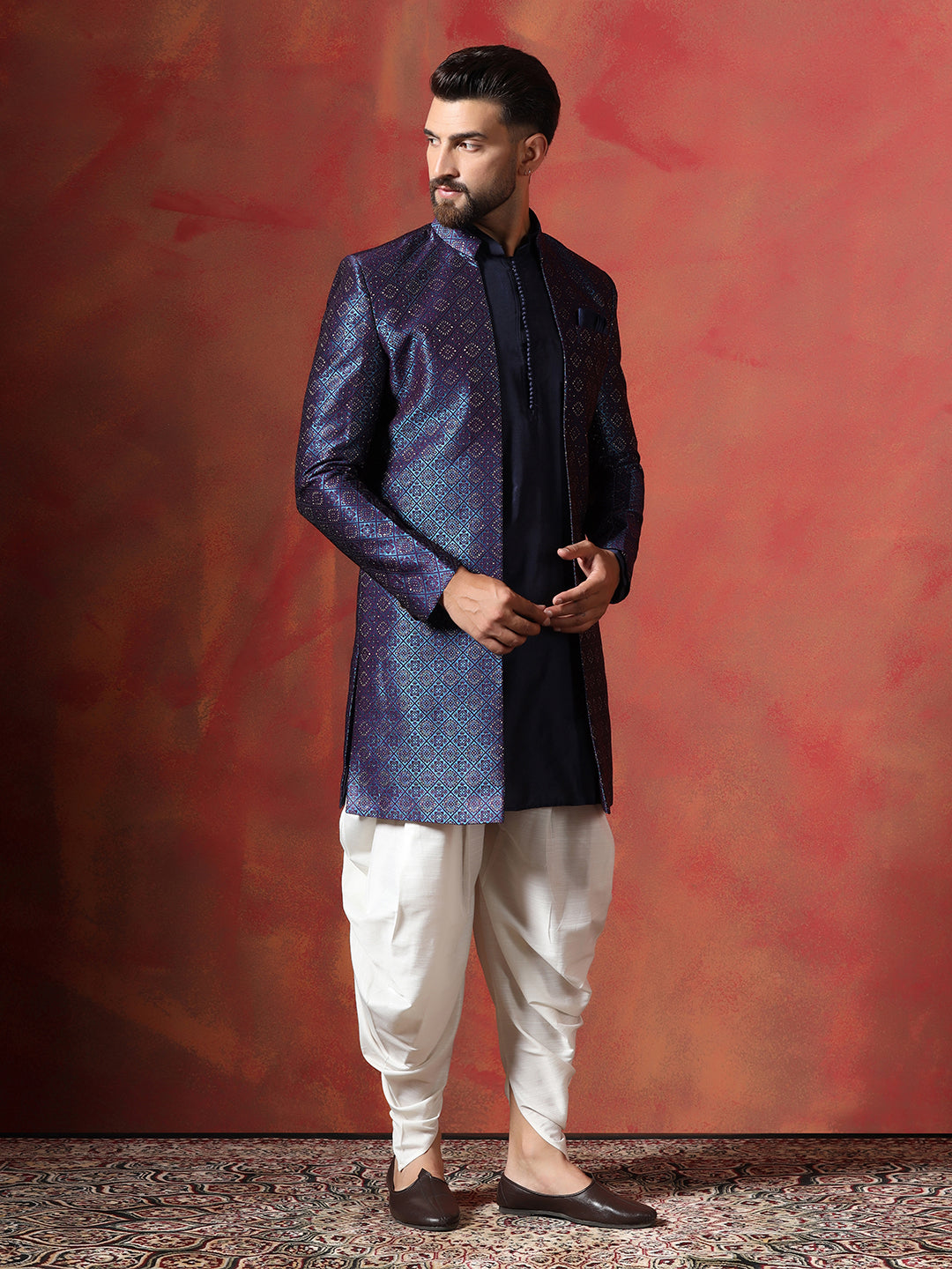 Navy Blue Jacquard Kurta Sherwani Dhoti Set For Men With Embroidered Work | SHOBITAM