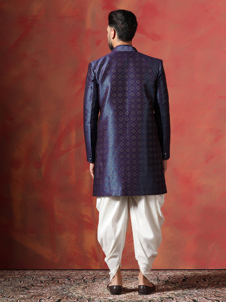 Navy Blue Jacquard Kurta Sherwani Dhoti Set For Men With Embroidered Work | SHOBITAM