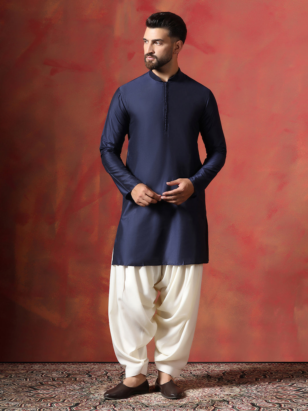 Navy Blue Jacquard Kurta Sherwani Dhoti Set For Men With Embroidered Work | SHOBITAM