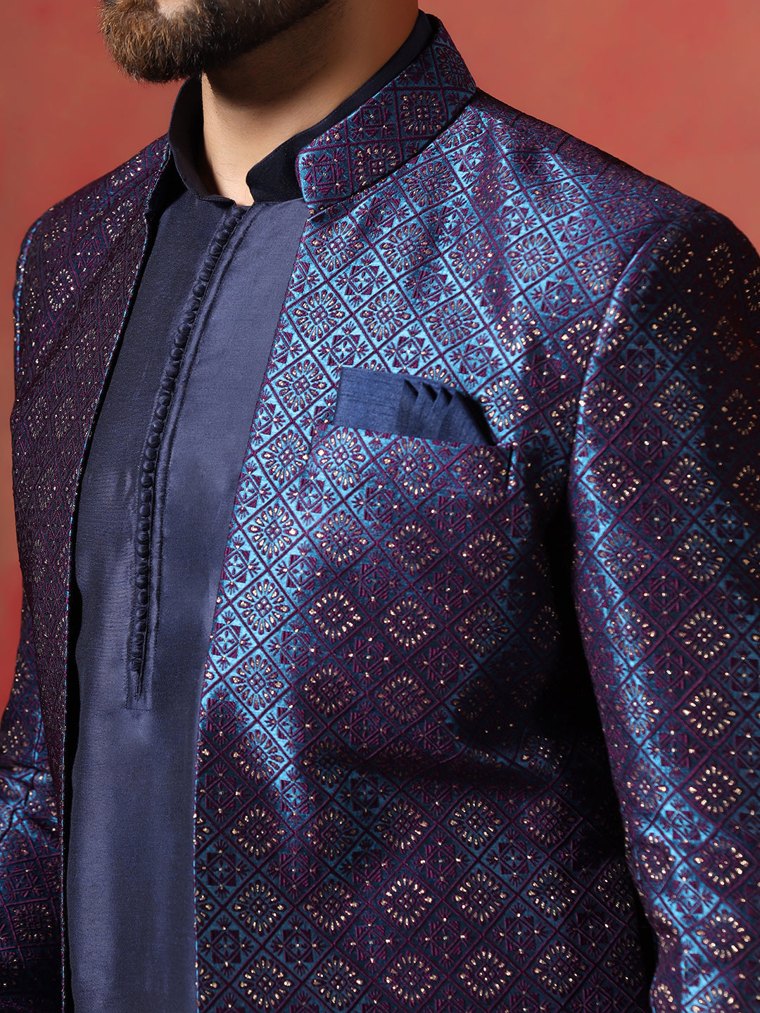 Navy Blue Jacquard Kurta Sherwani Dhoti Set For Men With Embroidered Work | SHOBITAM