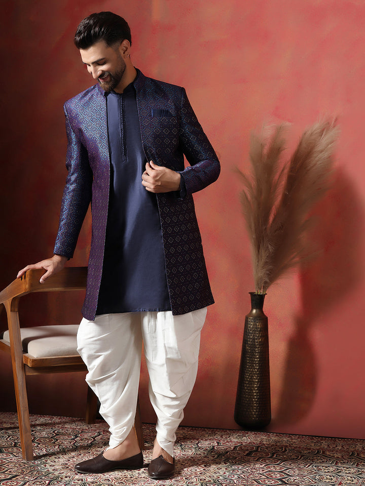 Navy Blue Jacquard Kurta Sherwani Dhoti Set For Men With Embroidered Work | SHOBITAM