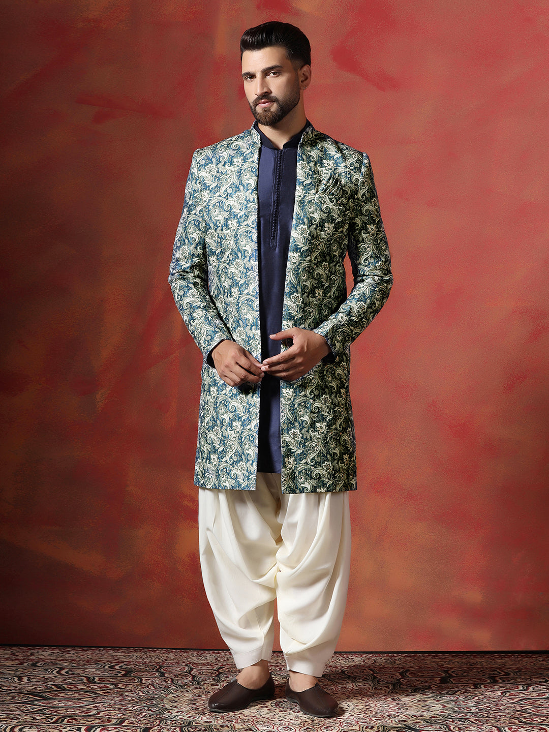 Blue Cotton Blend Kurta Sherwani Patiala Set For Men With Paisley Print | SHOBITAM