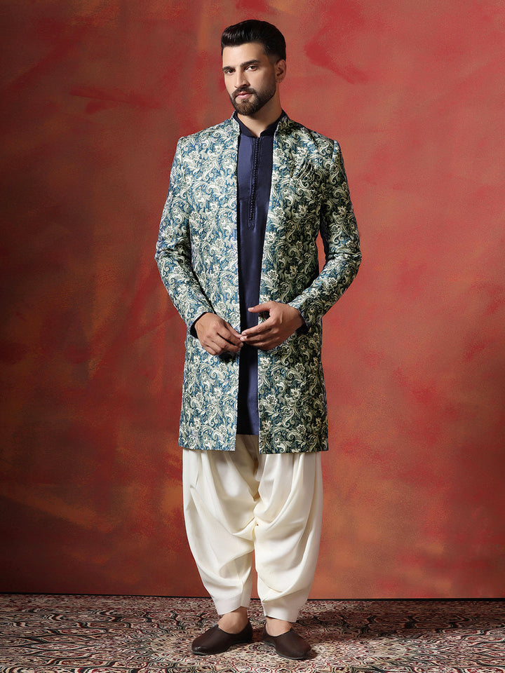 Blue Cotton Blend Kurta Sherwani Patiala Set For Men With Paisley Print | SHOBITAM