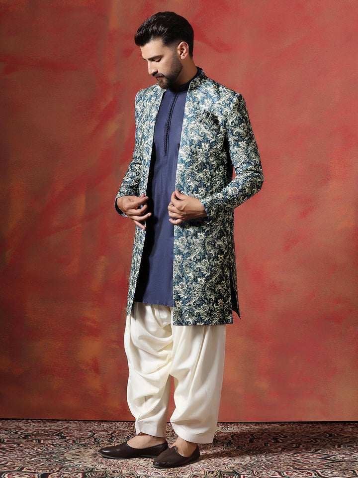 Blue Cotton Blend Kurta Sherwani Patiala Set For Men With Paisley Print | SHOBITAM