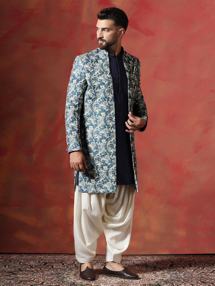 Blue Cotton Blend Kurta Sherwani Patiala Set For Men With Paisley Print | SHOBITAM