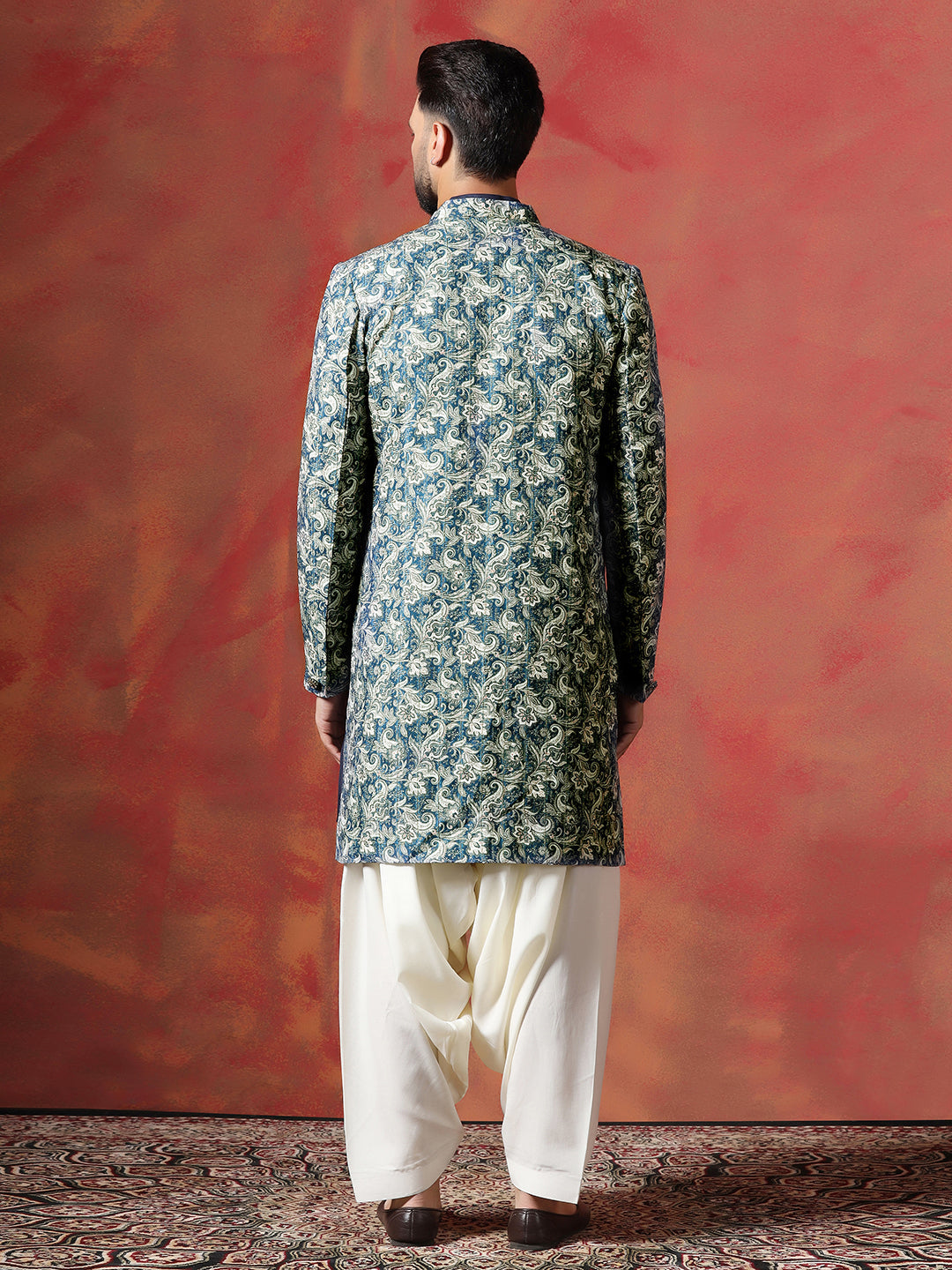 Blue Cotton Blend Kurta Sherwani Patiala Set For Men With Paisley Print | SHOBITAM