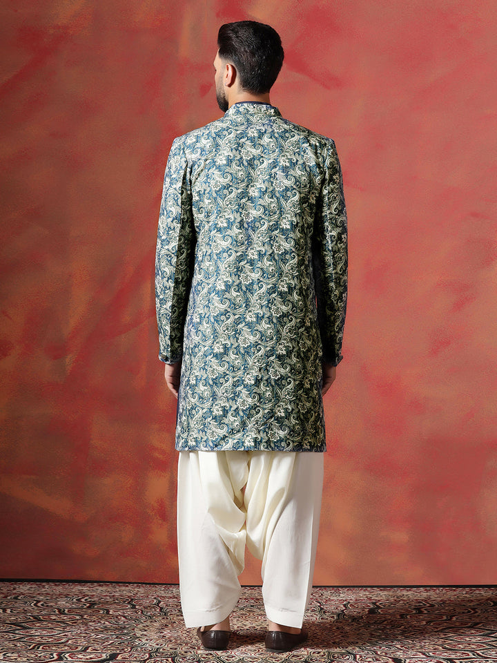 Blue Cotton Blend Kurta Sherwani Patiala Set For Men With Paisley Print | SHOBITAM