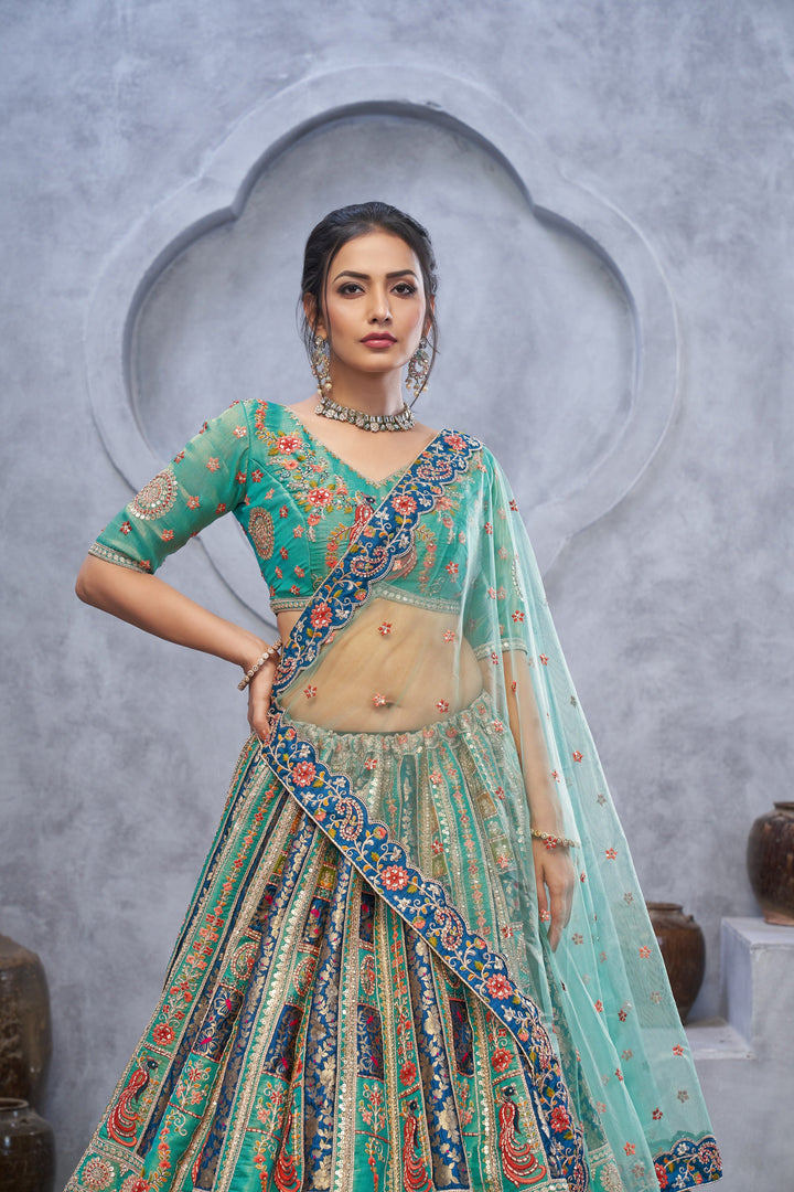 Sea Green Embroidered lehenga for Mehendi, Bridesmaid and Special Occasions | SHOBITAM