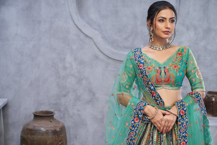 Sea Green Embroidered lehenga for Mehendi, Bridesmaid and Special Occasions | SHOBITAM