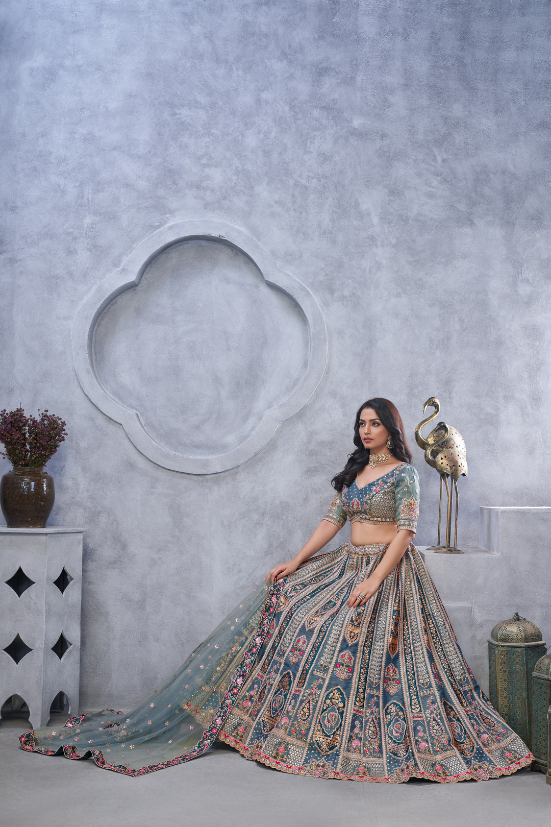 Regal Gray Silk Lehenga with Sequins and Stone Work.