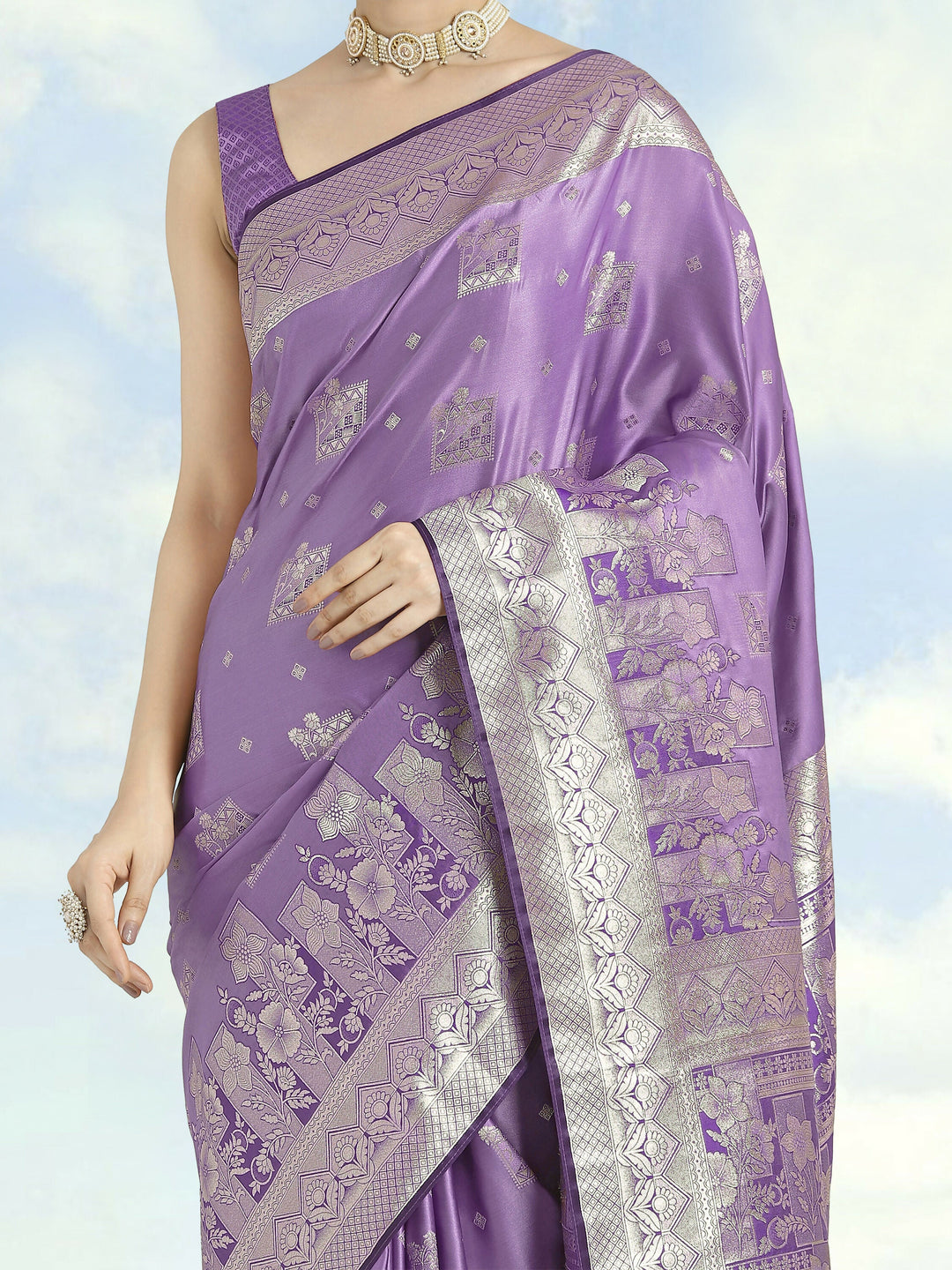 Lavender Color Banarasi Satin Silk Zari Weaving Saree | SHOBITAM