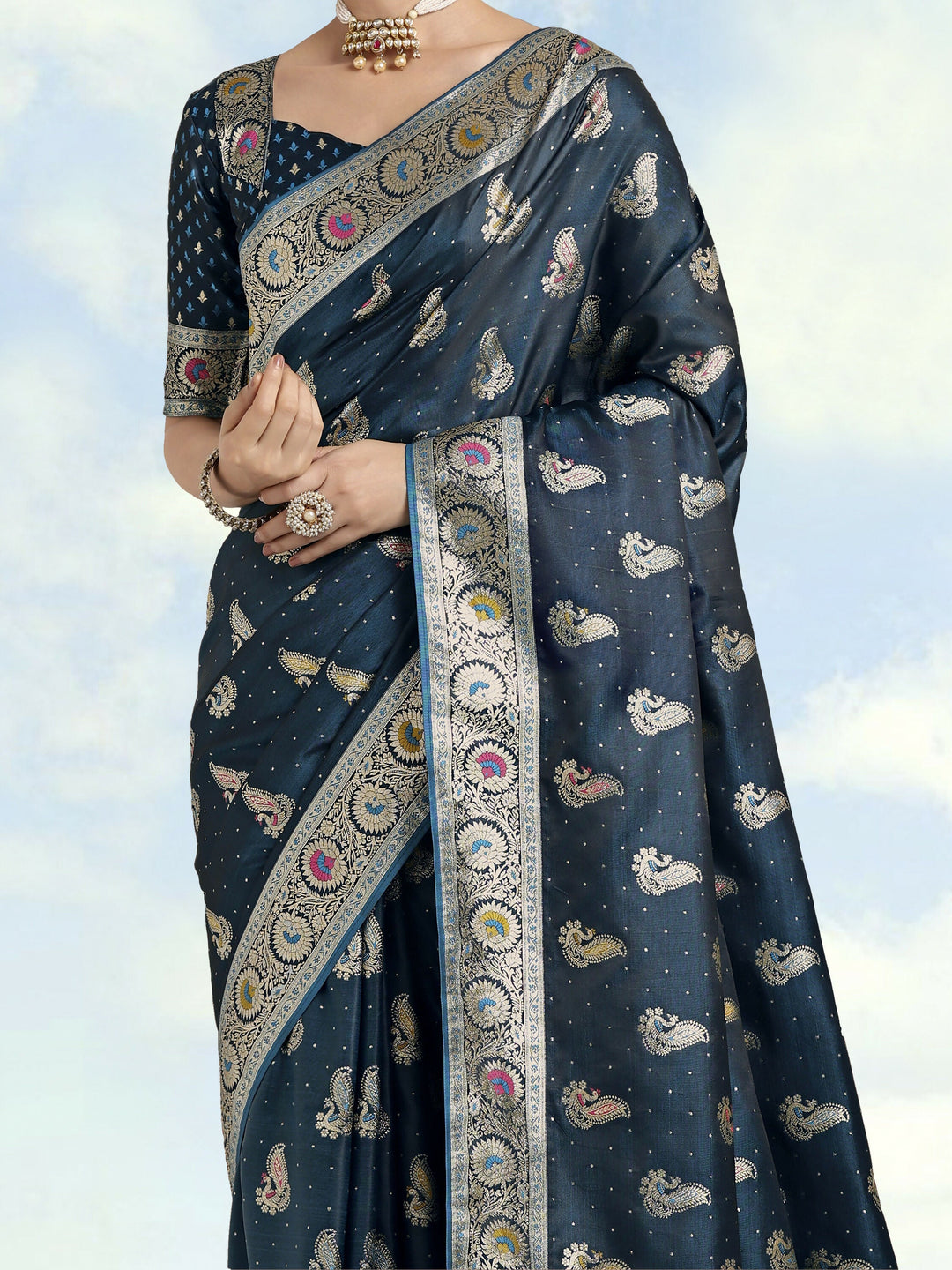 Teal Color Banarasi Satin Silk Zari Weaving Saree | SHOBITAM