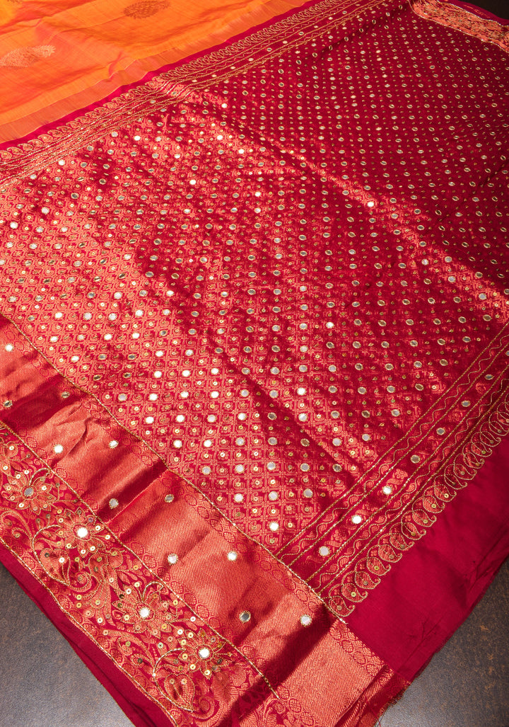 Orange Kanjivaram Silk Saree with Copper zari Buttas  and Sequins, cutdana work | SILK MARK CERTIFIED
