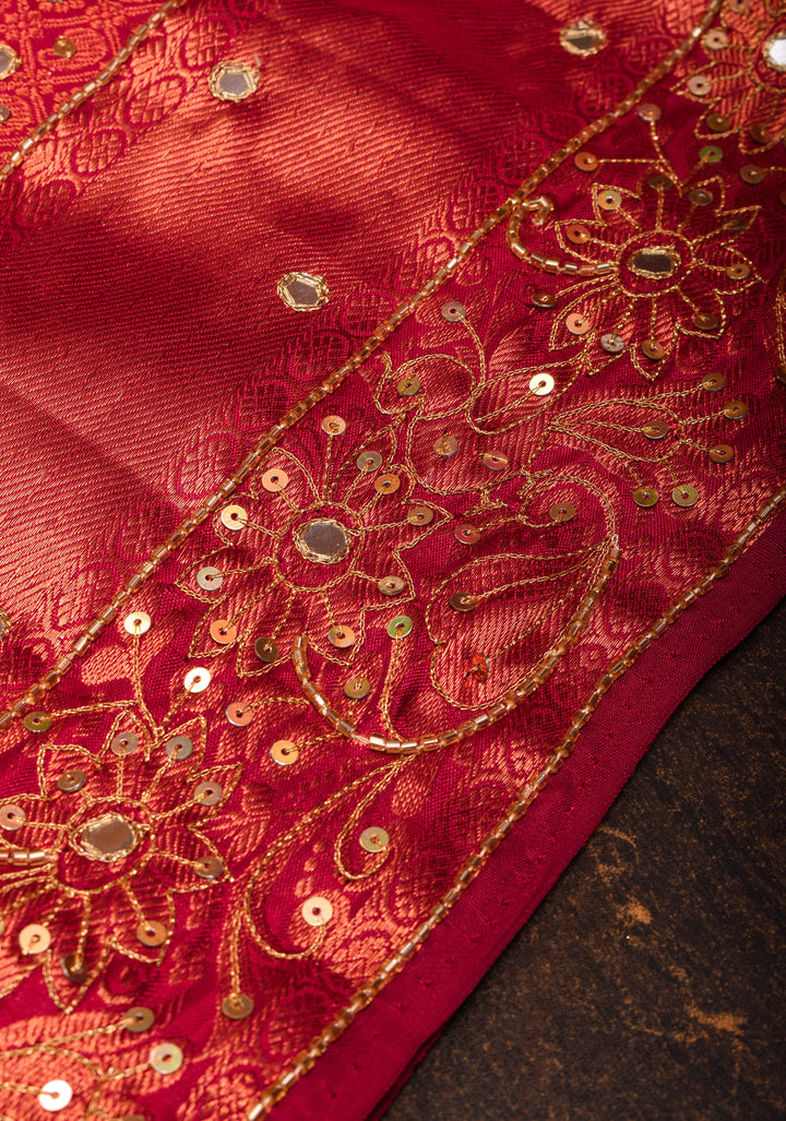 Orange Kanjivaram Silk Saree with Copper zari Buttas  and Sequins, cutdana work | SILK MARK CERTIFIED