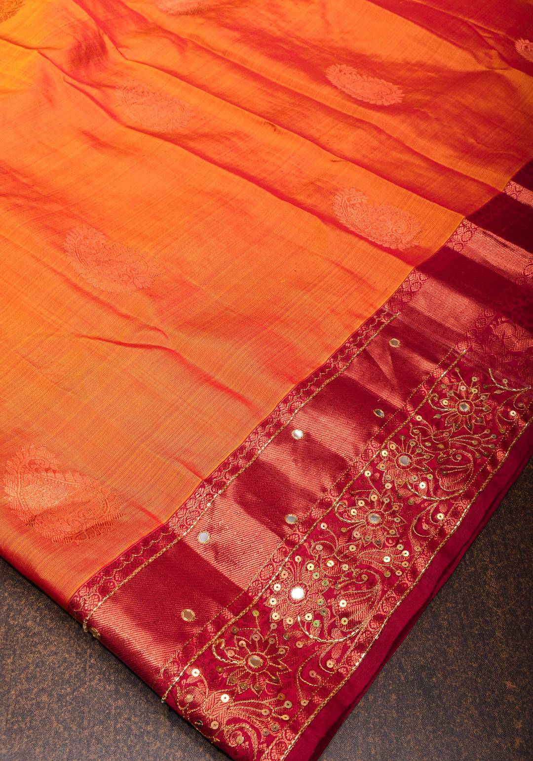 Orange Kanjivaram Silk Saree with Copper zari Buttas  and Sequins, cutdana work | SILK MARK CERTIFIED