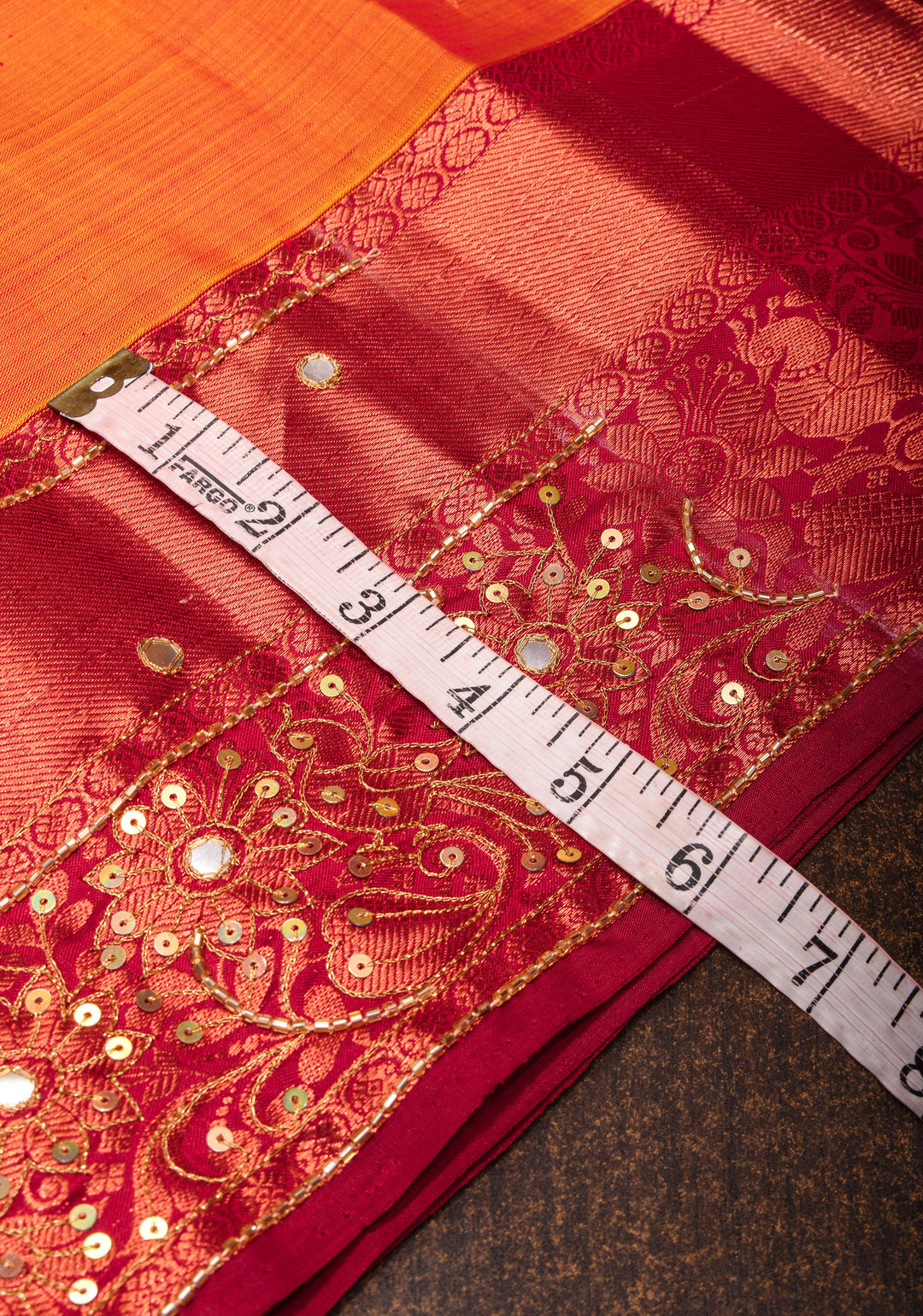 Orange Kanjivaram Silk Saree with Copper zari Buttas  and Sequins, cutdana work | SILK MARK CERTIFIED