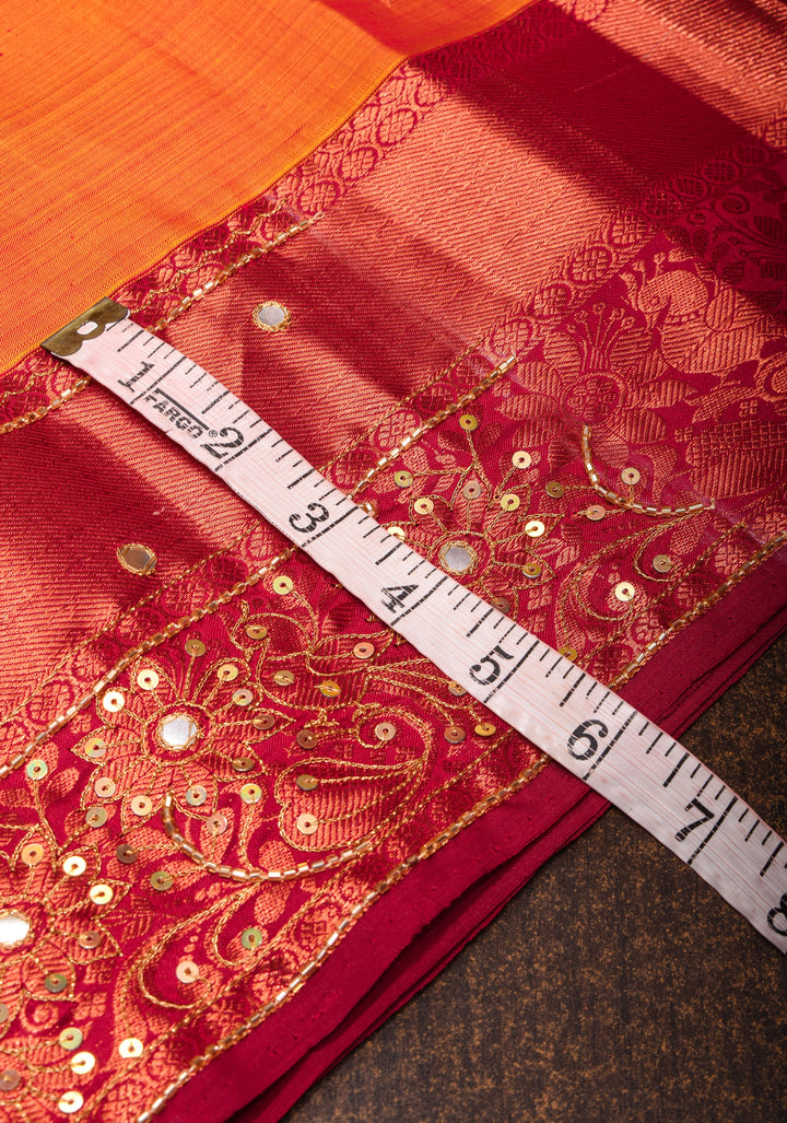 Orange Kanjivaram Silk Saree with Copper zari Buttas  and Sequins, cutdana work | SILK MARK CERTIFIED