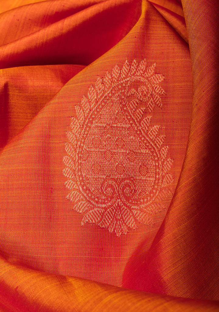 Orange Kanjivaram Silk Saree with Copper zari Buttas  and Sequins, cutdana work | SILK MARK CERTIFIED