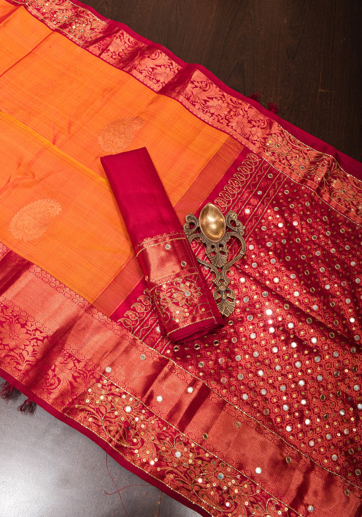 Orange Kanjivaram Silk Saree with Copper zari Buttas  and Sequins, cutdana work | SILK MARK CERTIFIED