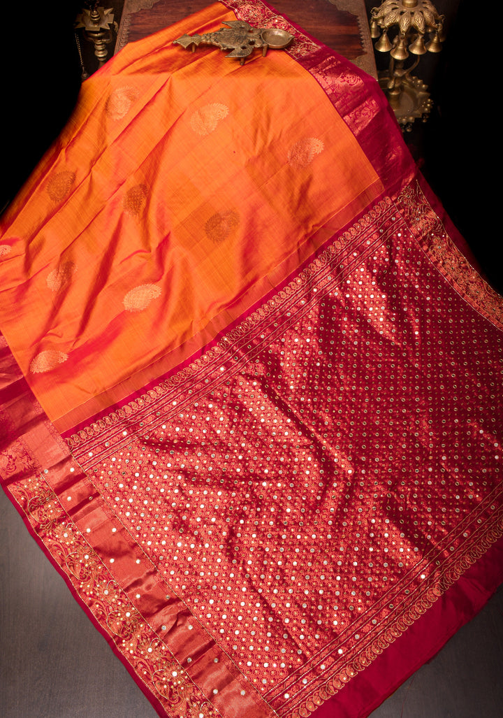 Orange Kanjivaram Silk Saree with Copper zari Buttas  and Sequins, cutdana work | SILK MARK CERTIFIED