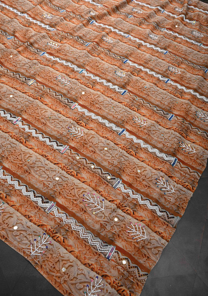 Beige and Peach Crepe Georgette Silk Saree with digital Print, Sequins, Cutdana, Mirror and Moti Beads Detailing