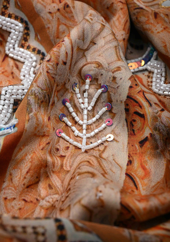 Beige and Peach Crepe Georgette Silk Saree with digital Print, Sequins, Cutdana, Mirror and Moti Beads Detailing