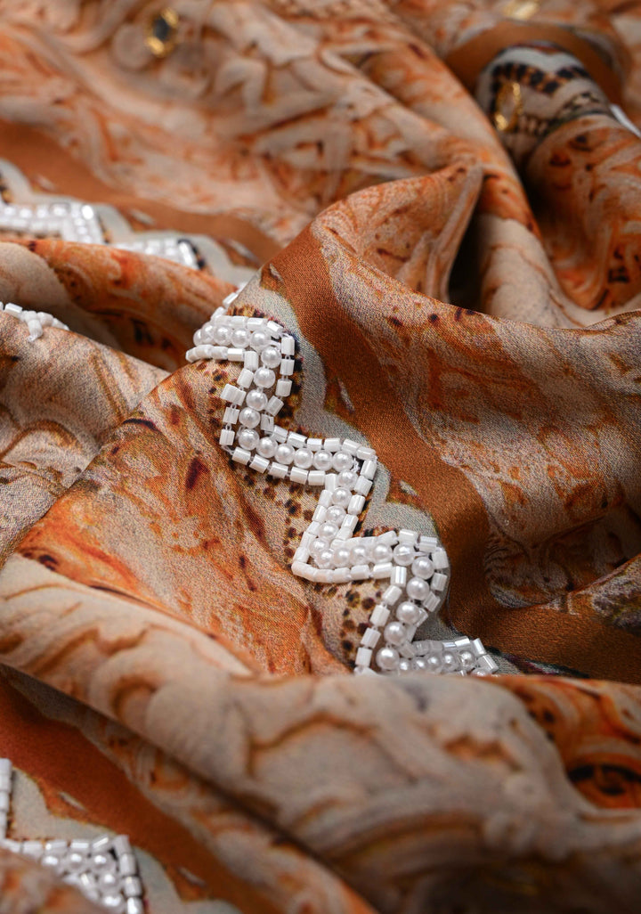 Beige and Peach Crepe Georgette Silk Saree with digital Print, Sequins, Cutdana, Mirror and Moti Beads Detailing