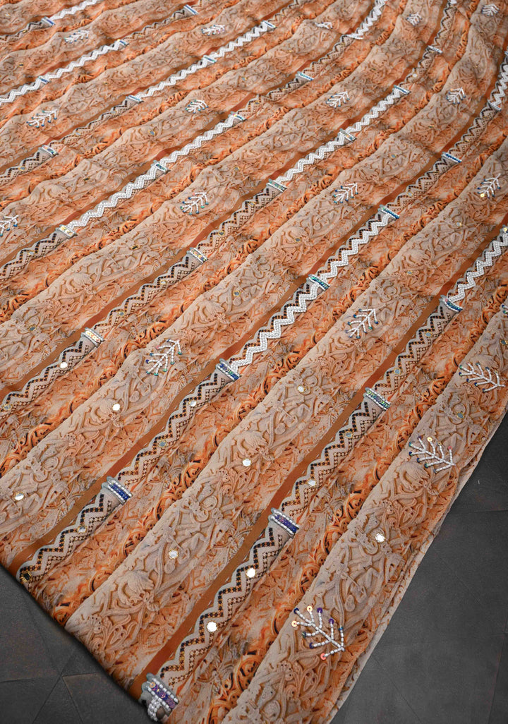 Beige and Peach Crepe Georgette Silk Saree with digital Print, Sequins, Cutdana, Mirror and Moti Beads Detailing