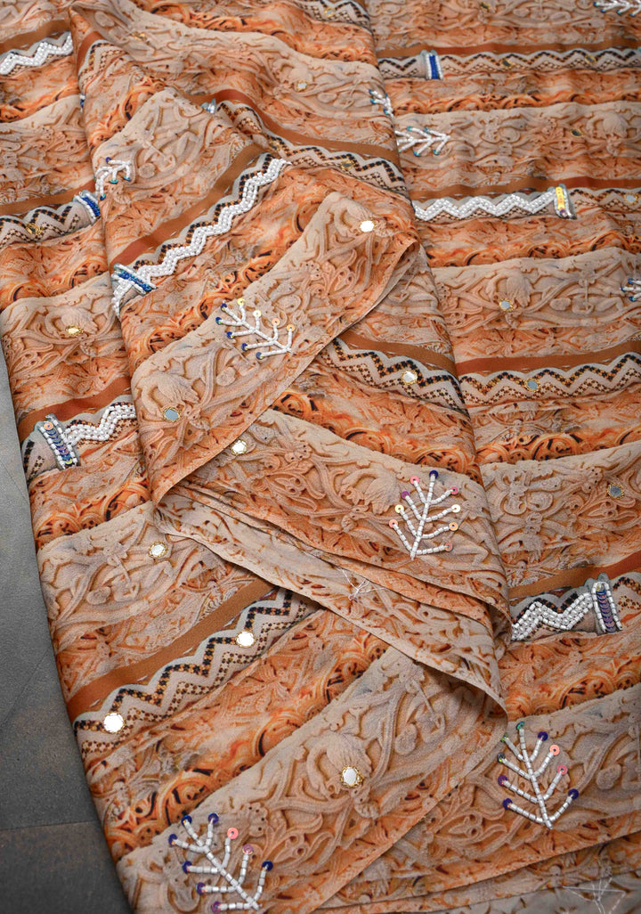 Beige and Peach Crepe Georgette Silk Saree with digital Print, Sequins, Cutdana, Mirror and Moti Beads Detailing