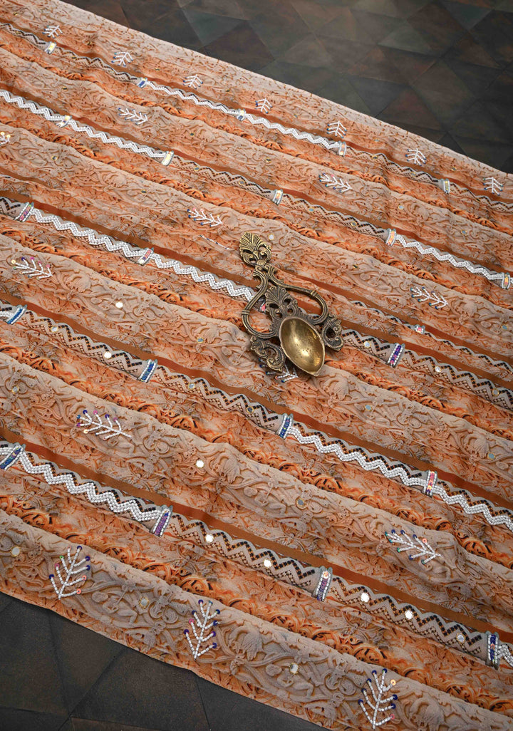 Beige and Peach Crepe Georgette Silk Saree with digital Print, Sequins, Cutdana, Mirror and Moti Beads Detailing