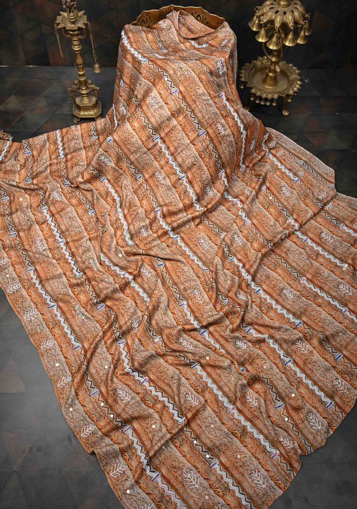 Beige and Peach Crepe Georgette Silk Saree with digital Print, Sequins, Cutdana, Mirror and Moti Beads Detailing