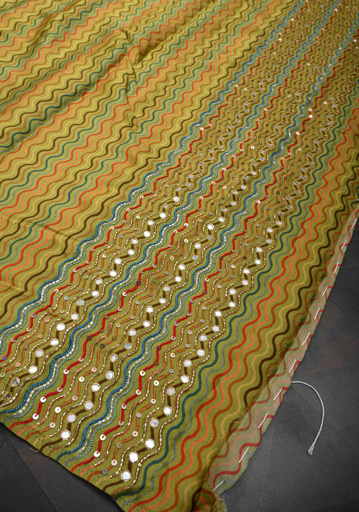 Greenish Yellow Crepe Georgette Silk Saree with Zigzag Digital Print, Sequins, Cutdana, Mirror work and Hand embroidery