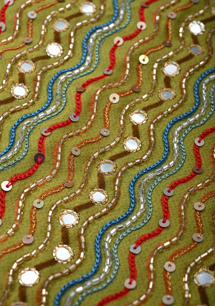Greenish Yellow Crepe Georgette Silk Saree with Zigzag Digital Print, Sequins, Cutdana, Mirror work and Hand embroidery
