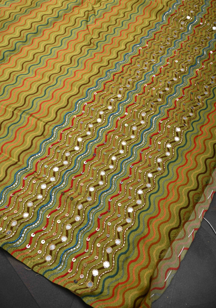 Greenish Yellow Crepe Georgette Silk Saree with Zigzag Digital Print, Sequins, Cutdana, Mirror work and Hand embroidery