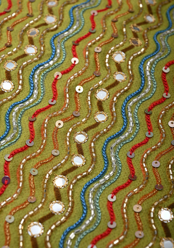 Greenish Yellow Crepe Georgette Silk Saree with Zigzag Digital Print, Sequins, Cutdana, Mirror work and Hand embroidery