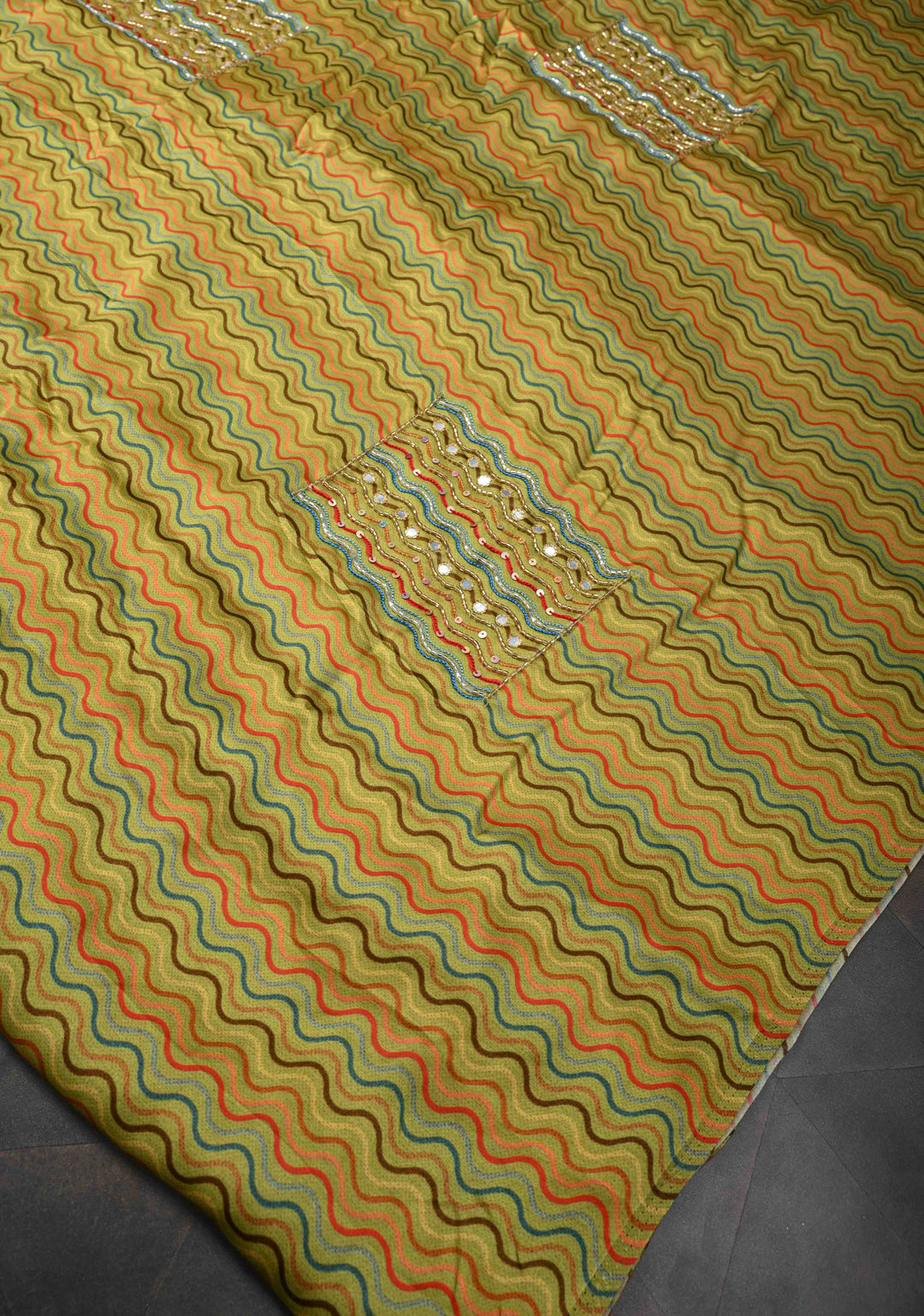 Greenish Yellow Crepe Georgette Silk Saree with Zigzag Digital Print, Sequins, Cutdana, Mirror work and Hand embroidery