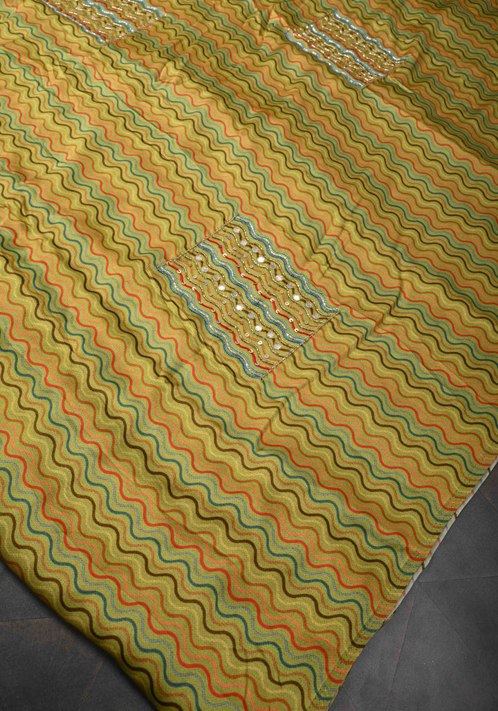 Greenish Yellow Crepe Georgette Silk Saree with Zigzag Digital Print, Sequins, Cutdana, Mirror work and Hand embroidery