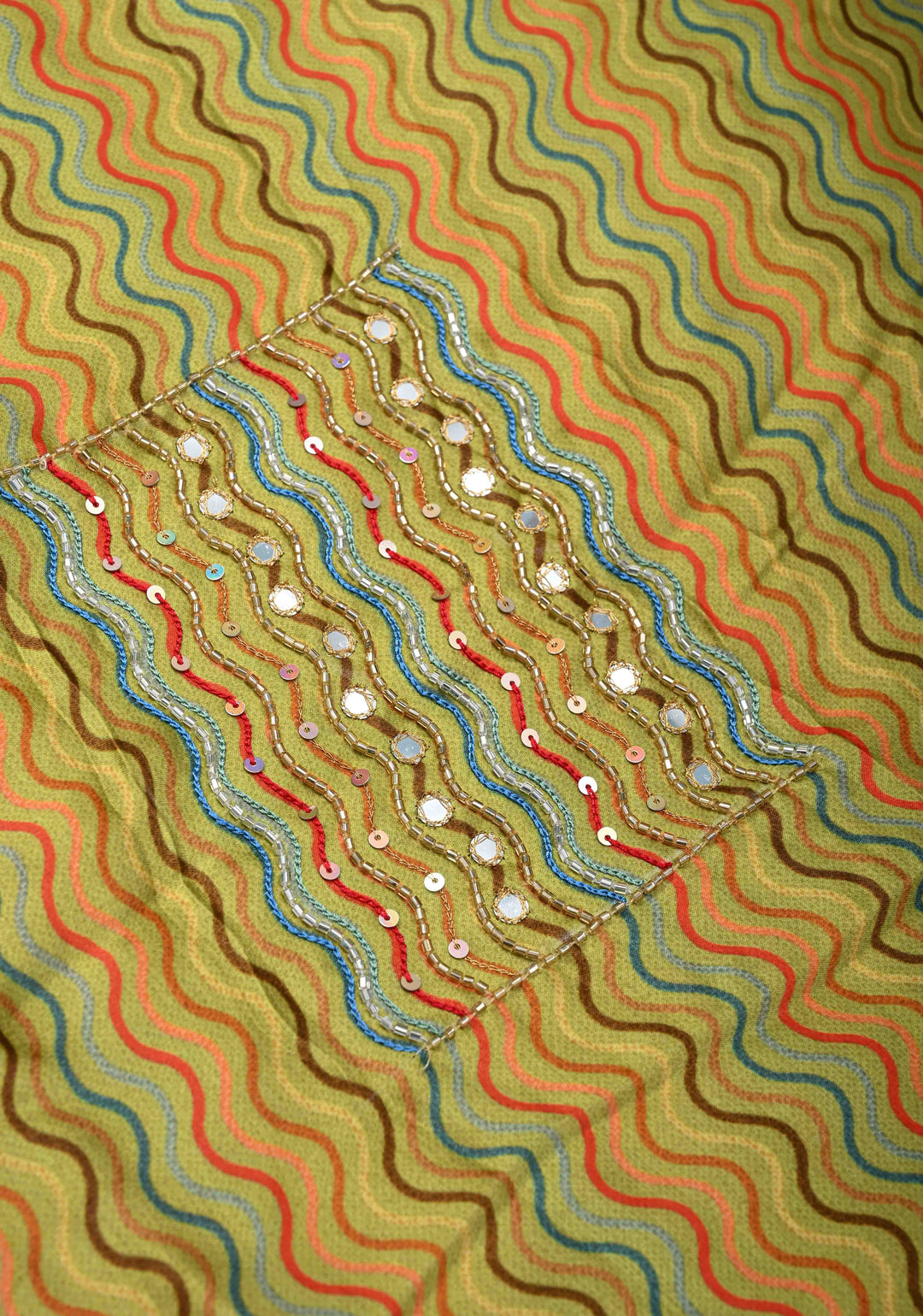 Greenish Yellow Crepe Georgette Silk Saree with Zigzag Digital Print, Sequins, Cutdana, Mirror work and Hand embroidery