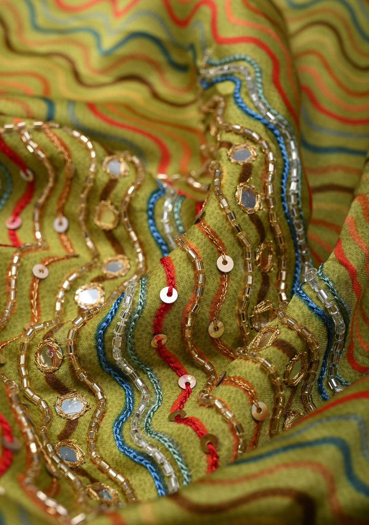 Greenish Yellow Crepe Georgette Silk Saree with Zigzag Digital Print, Sequins, Cutdana, Mirror work and Hand embroidery