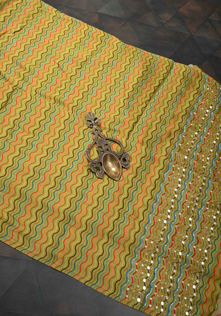 Greenish Yellow Crepe Georgette Silk Saree with Zigzag Digital Print, Sequins, Cutdana, Mirror work and Hand embroidery