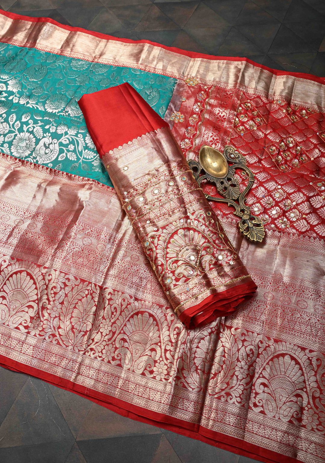 Rama Green Sequins,cutdana and Mirror Work on Kanjivaram Silk Saree with Floral, Peacock Brocade Jaal | SILK MARK CERTIFIED