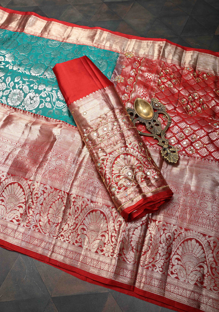 Rama Green Sequins,cutdana and Mirror Work on Kanjivaram Silk Saree with Floral, Peacock Brocade Jaal | SILK MARK CERTIFIED
