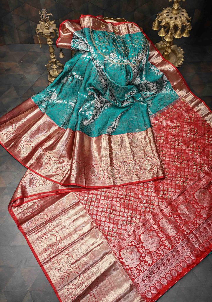 Rama Green Sequins,cutdana and Mirror Work on Kanjivaram Silk Saree with Floral, Peacock Brocade Jaal | SILK MARK CERTIFIED