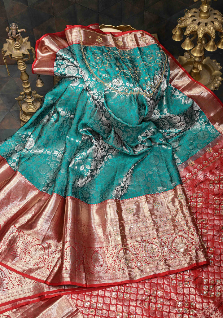 Rama Green Sequins,cutdana and Mirror Work on Kanjivaram Silk Saree with Floral, Peacock Brocade Jaal | SILK MARK CERTIFIED